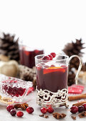 Non-alcoholic mulled wine in a festive glass