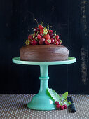 A chocolate cake decorated with fresh red fruit on a cake stand