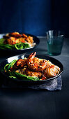 Charred oyster sauce prawns with rice noodles