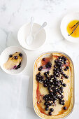 Ricotta cheesecake with blueberries, baked in a baking dish