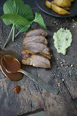 Grilled pork with wasabi and barbecue sauce