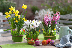 Osterdekoration mit Narzissen, Krokus und Hyazinthen