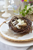 Speckled eggs and feathers in Easter nest decorating table