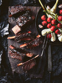 Marinated beef ribs with roast vegetables