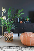 Leather pouffe, potted palm and console table against black wall