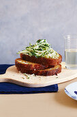 Fried sourdough tartine with zucchhini and warm mustard dressing
