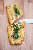 Grilled Ikarimi salmon with a mustard and honey glaze, on a cedar board