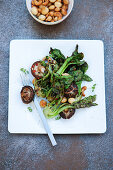 Grilled shiitake mushrooms with bok choy and nuts