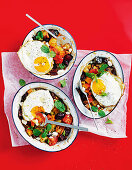 Roast vegetable hash pies with fried eggs