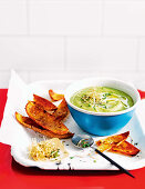 Potato, leek and rocket soup with crispy potato skins