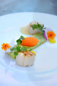 Fried scallops with carrot mousse