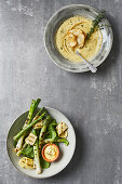 Chargrilled winter salad with hollandaise sauce and cauliflower soup