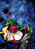 Turnip, onion and beetroot jam with cheese and crisp bread