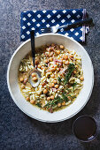 Bacon, chickpea and rosemary cavatelli in broth