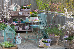 Oster-Balkon mit Frühlingsblühern und Zierkirschen