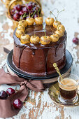 Chocolate cake with golden cherries