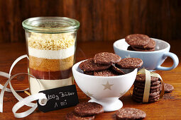 Coconut chocolate cookies and baking mix in a glass
