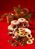 Christmas biscuits on a red surface