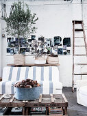 Console table with plant pots, sofa with linen ceiling and rustic wooden table with collected cones