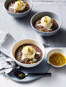 Chocolate coconut pudding with passionfruit and ice cream