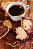 Christmas gingerbread cookies with chocolate and cherry jam