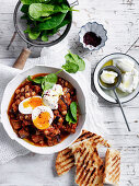 Spicy Eggplant with Soft-Boiled Eggs and Labne
