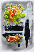 Food art: punk shrimp on wasabi caviar and cress
