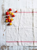 Various types of tomatoes on a tea towel