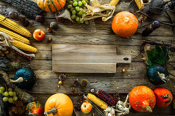 Autumn fruit with plate and cutlery