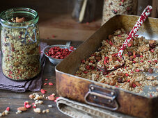 Home made granola with freeze dried strawberries
