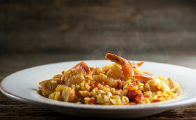 Steaming paella on a plate
