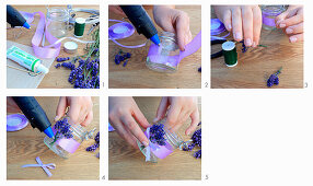Decorating a candle lantern with lavender flowers and purple ribbon