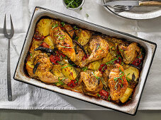 Chicken Baked With Yukon Gold Potatoes, Cherry Tomatoes and Herbs