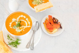 Carrots and fennel roasted soup served with focaccia