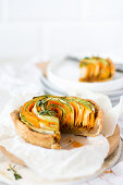 Vegetable Color Spiral Tart with Zucchini, Carrots, White Cheese and Tomato Pesto