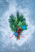 Christmas pine tree branches decoration, view from above