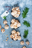 Homemade mini coffee meringues for Christmas, view from above