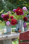 Bouquets Of Dahlia And Fennel Flowers In Zinc Pots