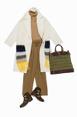 A cashmere jumper with cotton trousers and an oversized blazer coat with a scarf