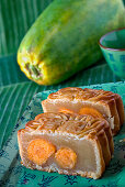A moon cake, Chinese cake for the Luna festival, sliced