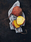 Yellow beets, sliced on a cloth