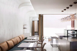 Minimalist restaurant in white and beige