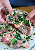 Marinated lamb chops with mint, lemon zest, garlic, salt, pepper and olive oil