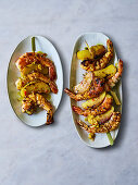 Chilli prawn skewers with apple wedges