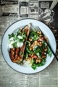 Oven-baked aubergine with a chickpea salad and mint yoghurt