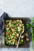 Cauliflower, broccoli and hazelnut cheat’s gratin
