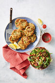 Gluten-free cauliflower patties with walnut salad