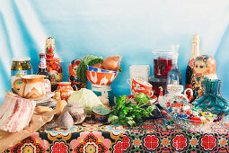A table laid with Russian food and Russian ceramics