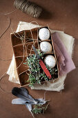 Speckled eggs, chickweed and twine in egg box