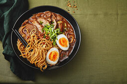 Ramen with pork belly, mushrooms and marinated eggs